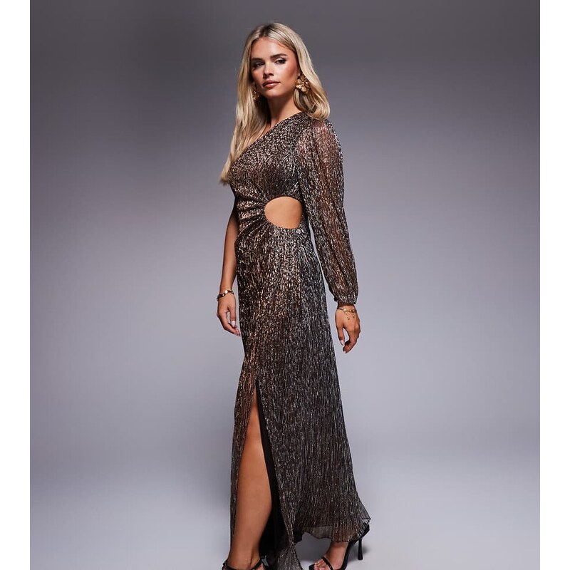 Forever New Petite asymmetric one sleeve maxi dress in chocolate