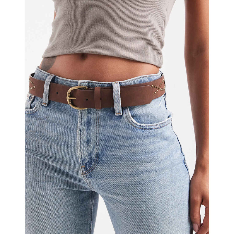 ASOS DESIGN faux suede waist and hip studded belt in tan-Brown 108115158