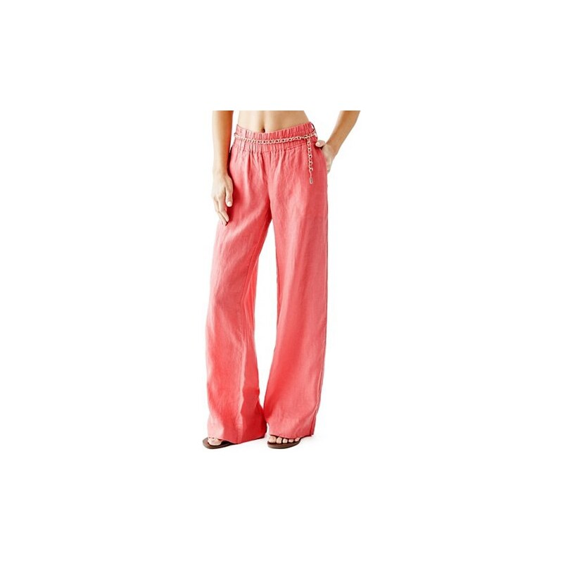 Kalhoty Guess Wide-Leg Linen Pants růžové