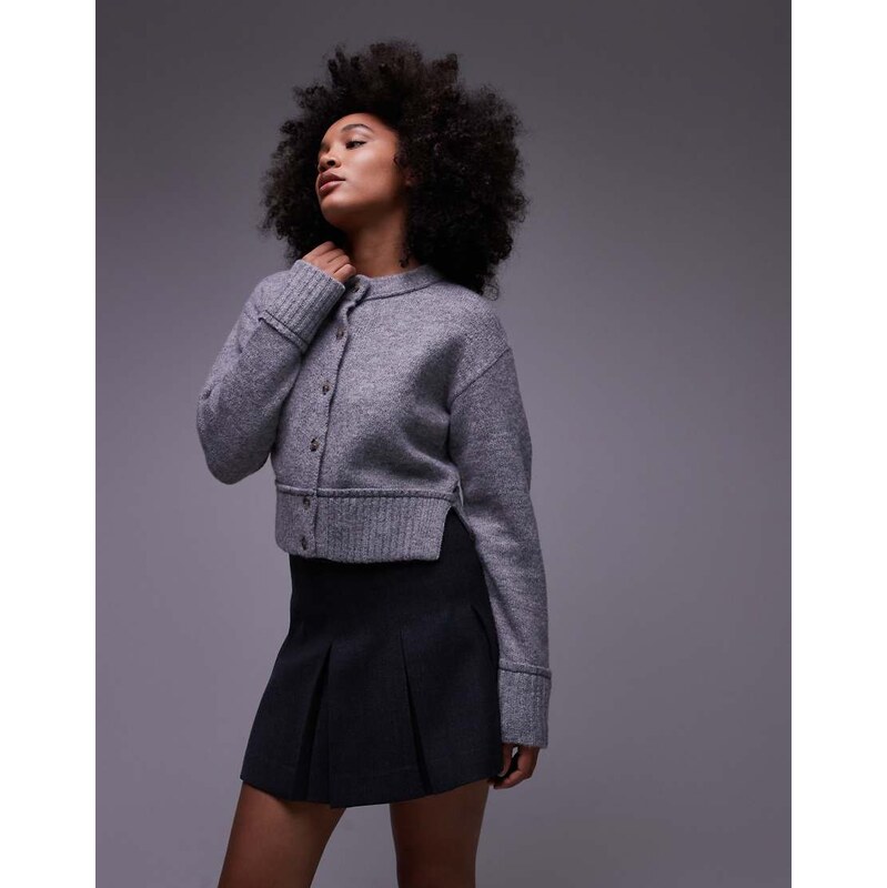 COLLUSION fluffy knit crew neck cardi in grey
