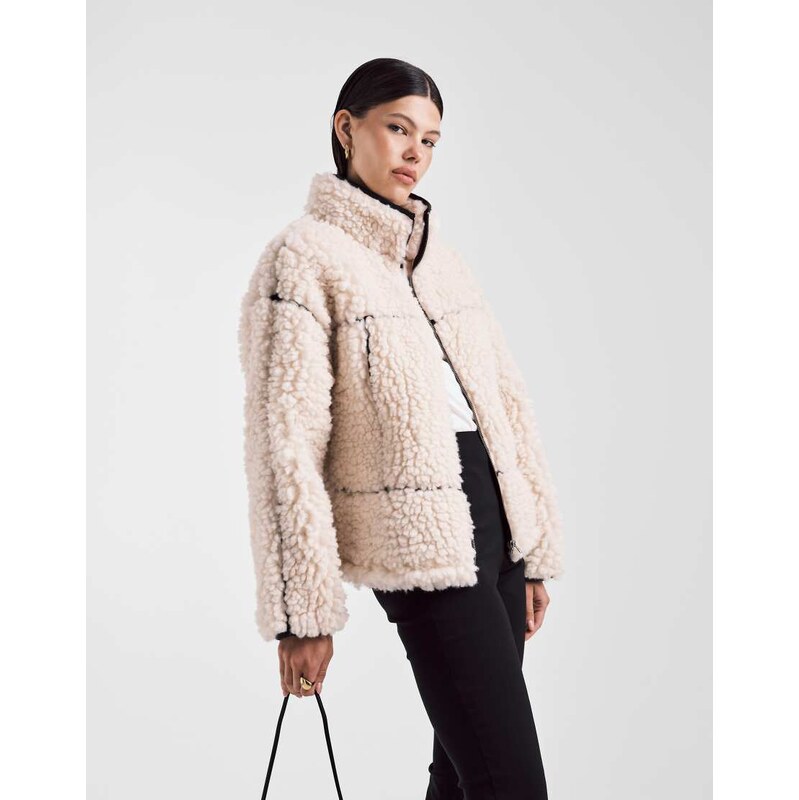 ASOS DESIGN high pile borg fleece zip through in cream with pu trim detail-White