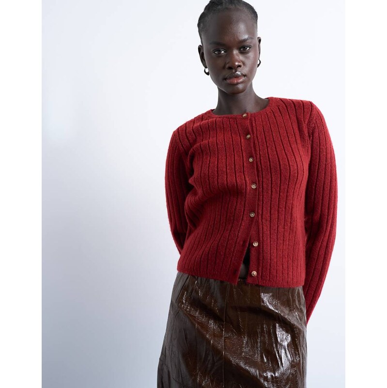 Topshop knitted ribbed button crew cardigan in red 108060542