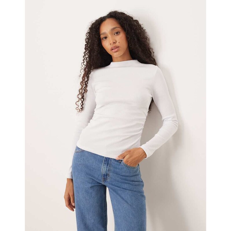ASOS DESIGN long sleeve ribbed top with ruched detail in white