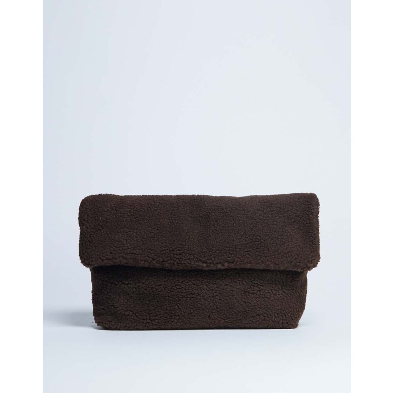 Topshop Georgia folded borg clutch grab bag in chocolate-Brown
