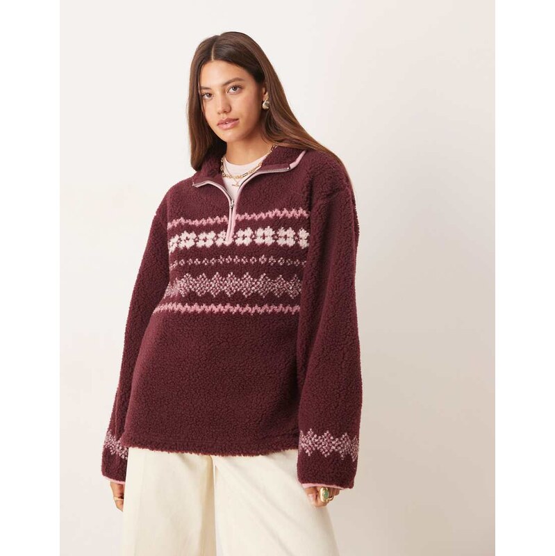 ASOS DESIGN borg fleece half zip with placement fairisle in plum