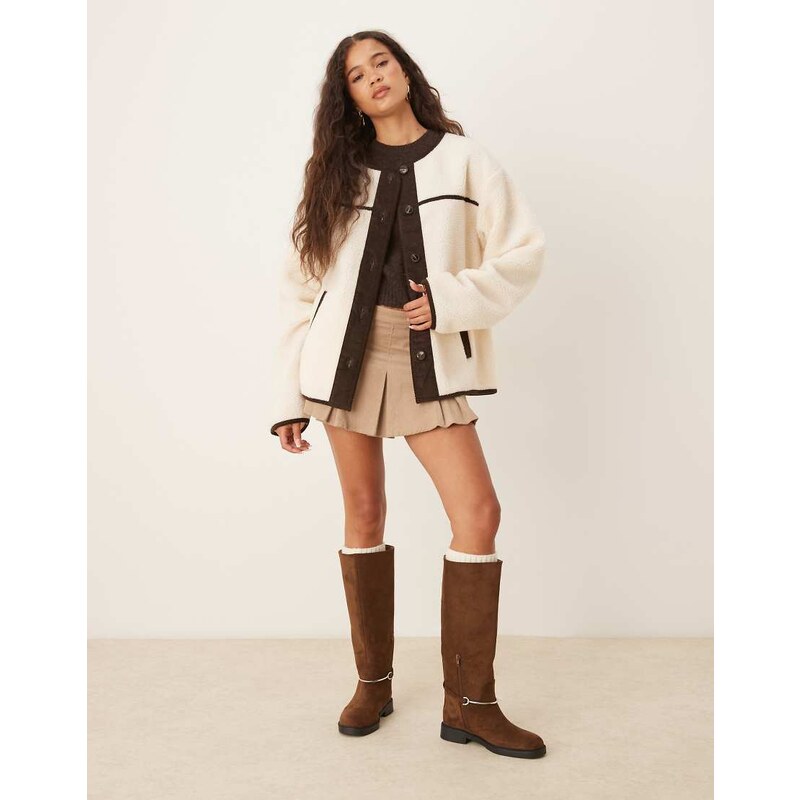 ASOS DESIGN borg fleece cardigan with chocolate cord trim in cream 108099098
