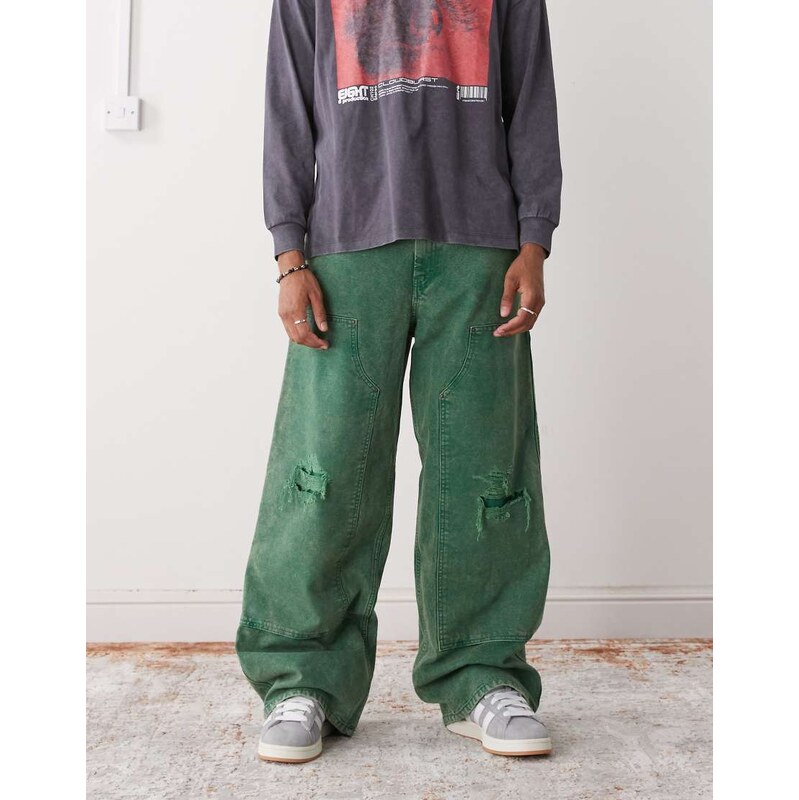Weekday oversized canvas workwear trousers in washed green