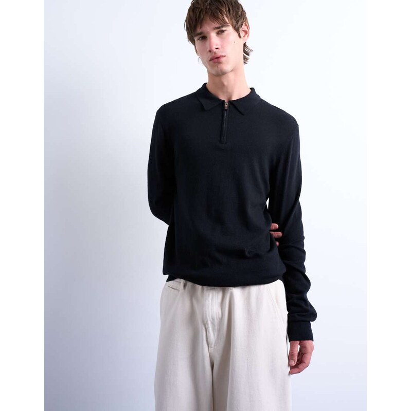Topman essential knitted zip polo in black