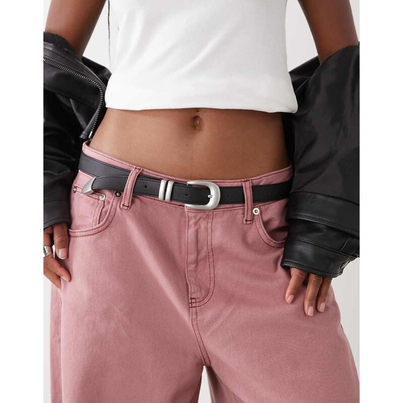 Weekday slim western belt with silver buckle in black 108082614