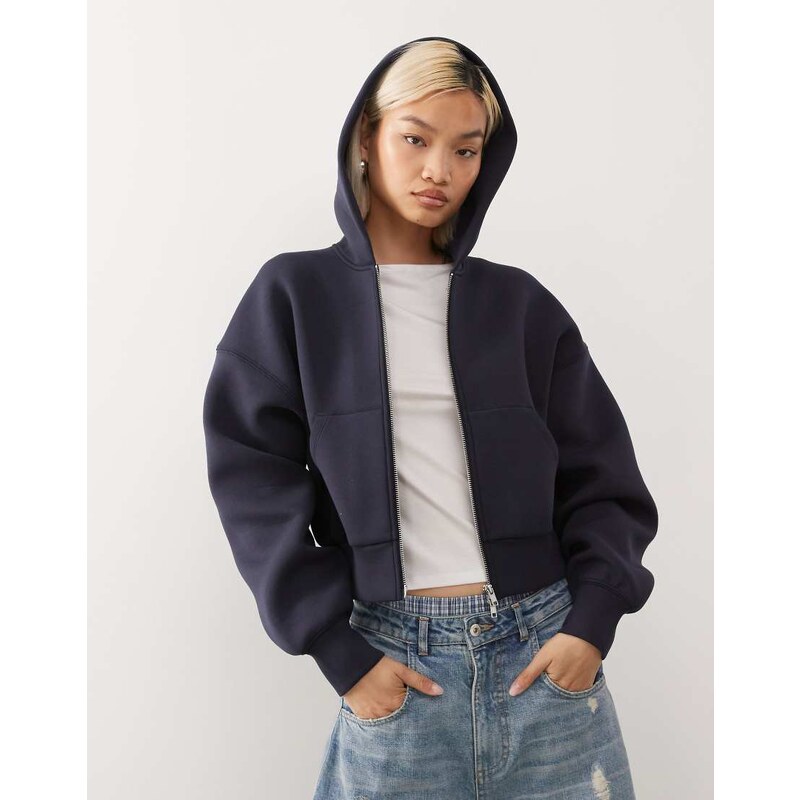 Weekday oversized boxy fit zip through hoodie in navy in scuba-style 109109099