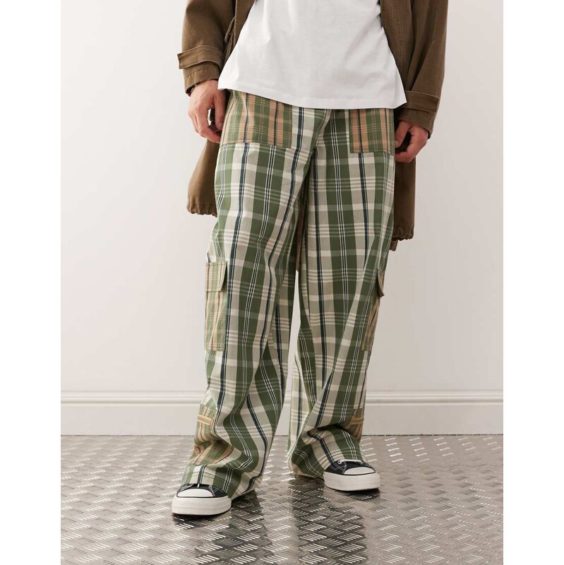 COLLUSION baggy cargo trouser in mixed check-Green
