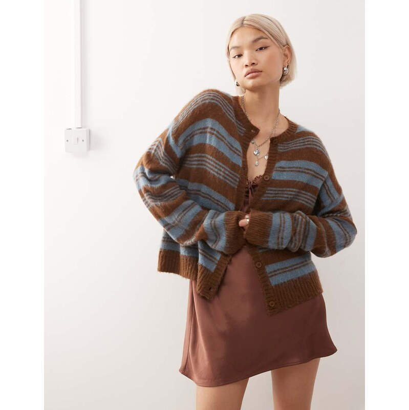Reclaimed Vintage fluffy knitted boxy cardigan in brown and blue