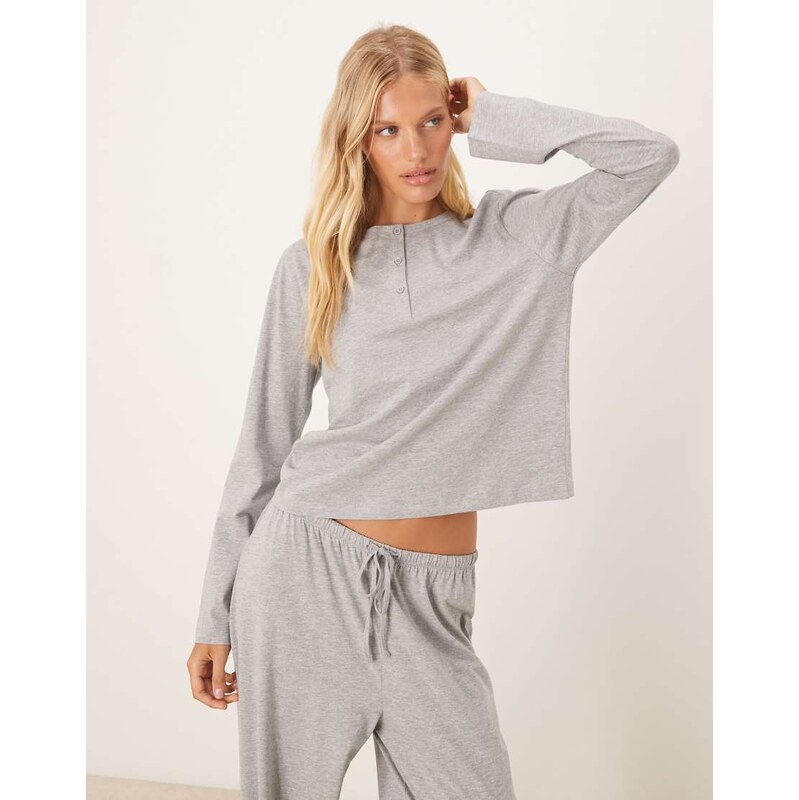 ASOS DESIGN mix & match cotton long sleeve henley pyjama top in grey 108074984