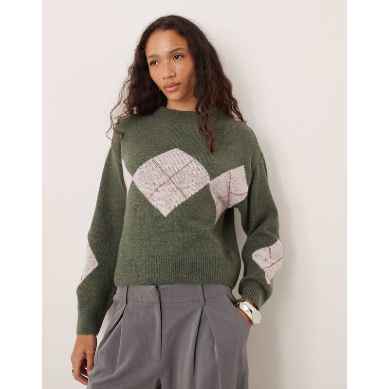 Vila pastel check knitted jumper in dark green-Multi 108075011