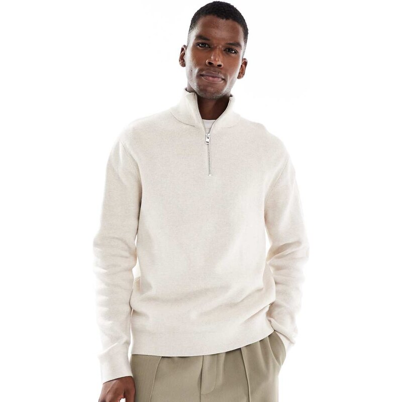 Jack & Jones premium knitted quarter zip in cream-Neutral