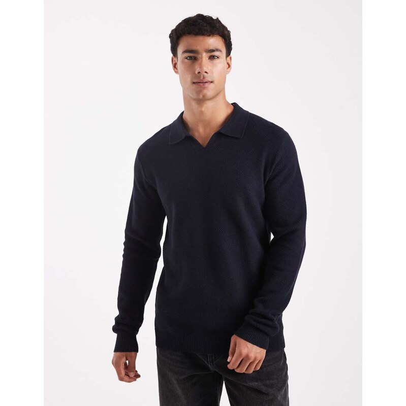 Jack & Jones premium knitted long sleeve polo in navy
