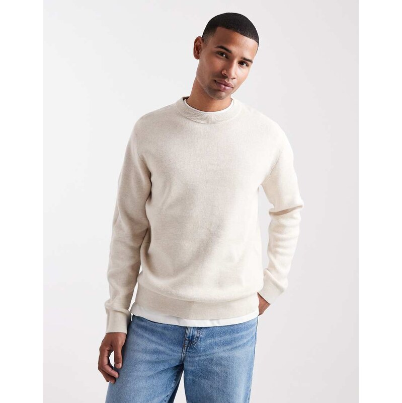 Jack & Jones premium knitted crew neck jumper in cream-White