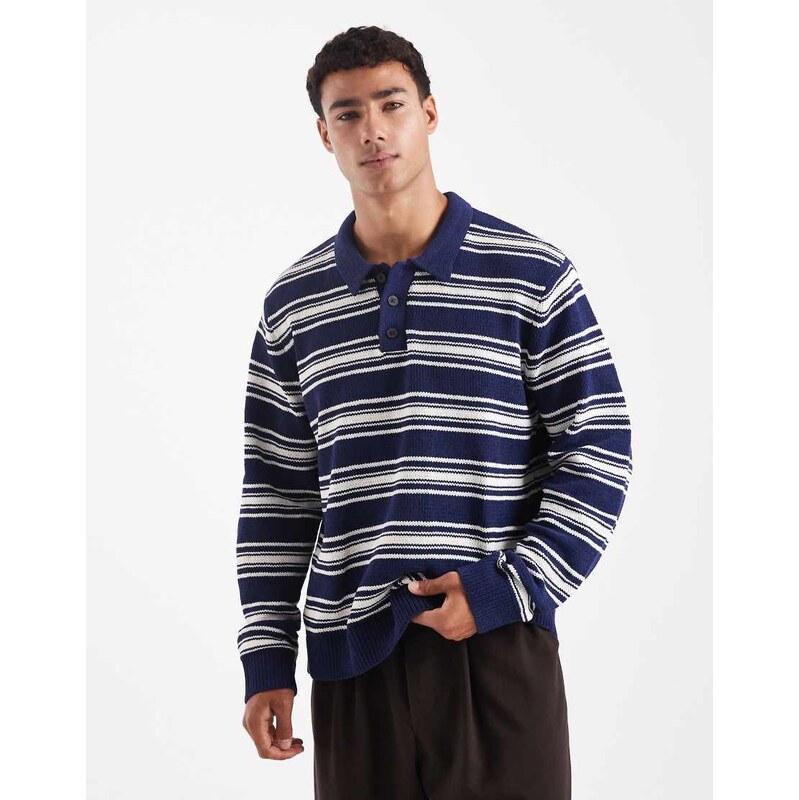 Jack & Jones knitted stripe polo in navy blue