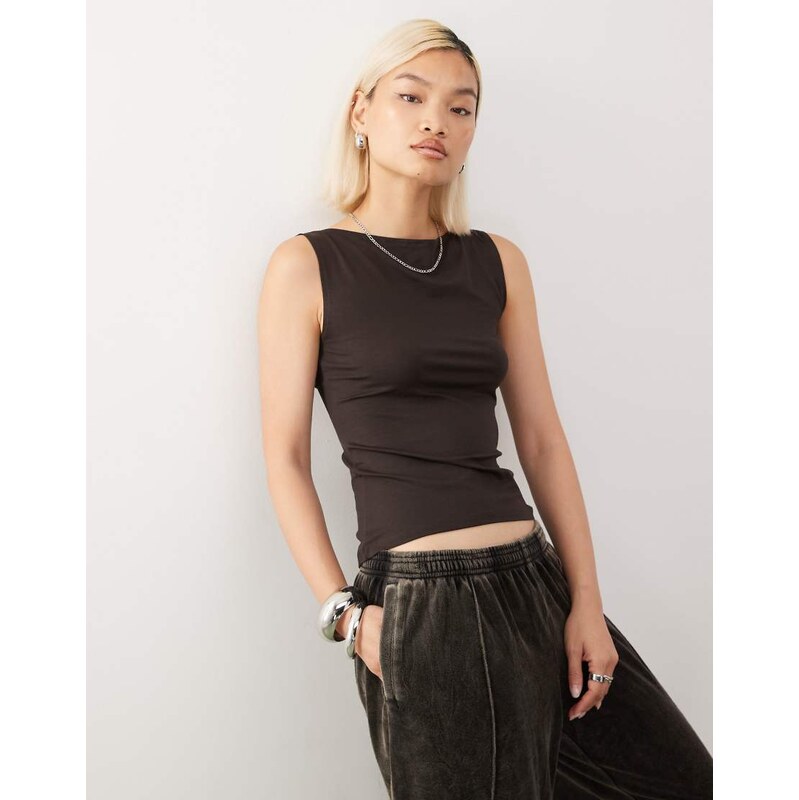 Weekday Annie super soft boat neck sleeveless top in dark brown