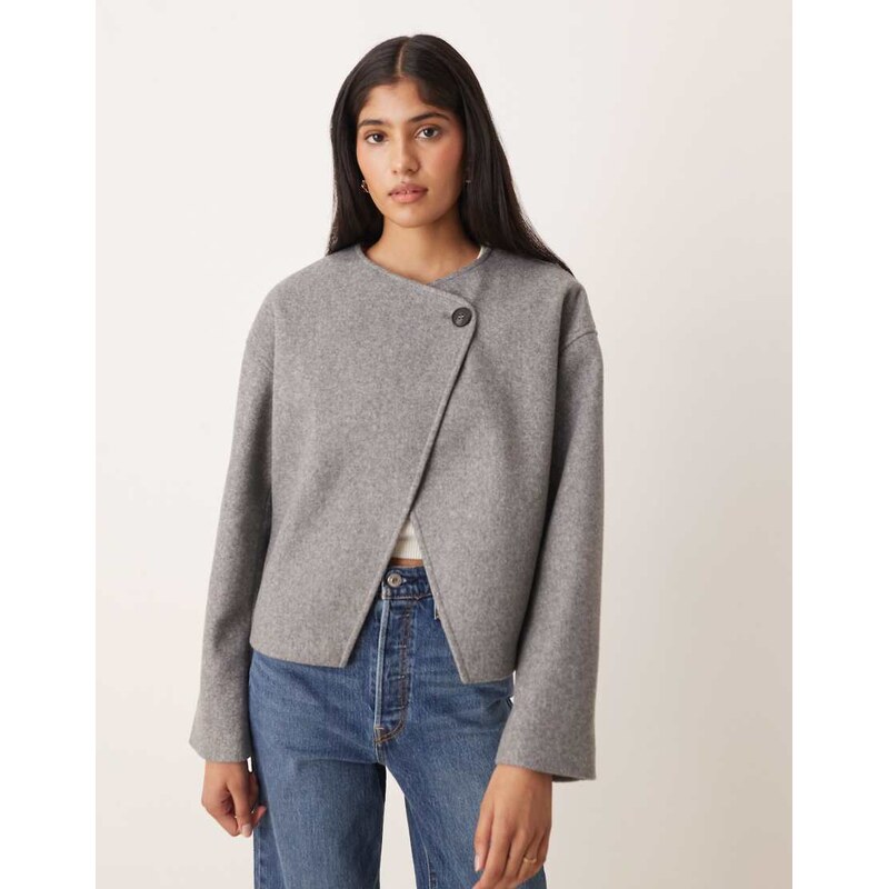 Vila wrap front short wool jacket in mid grey melange