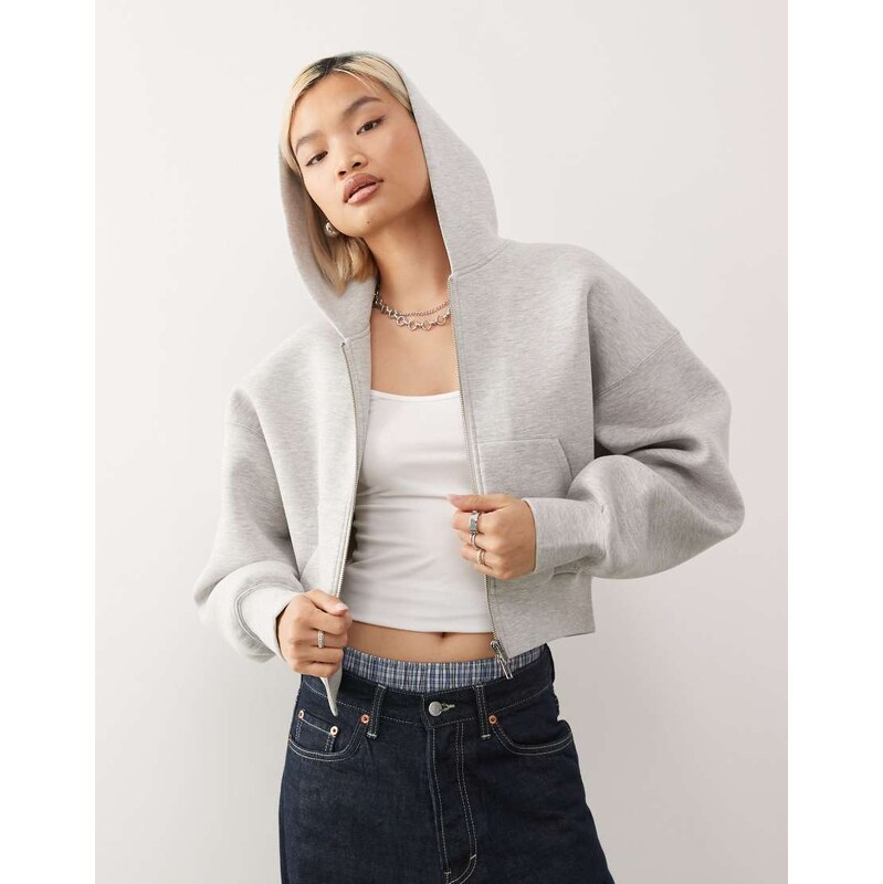 Weekday oversized boxy fit zip through hoodie in grey melange in scuba 109010869