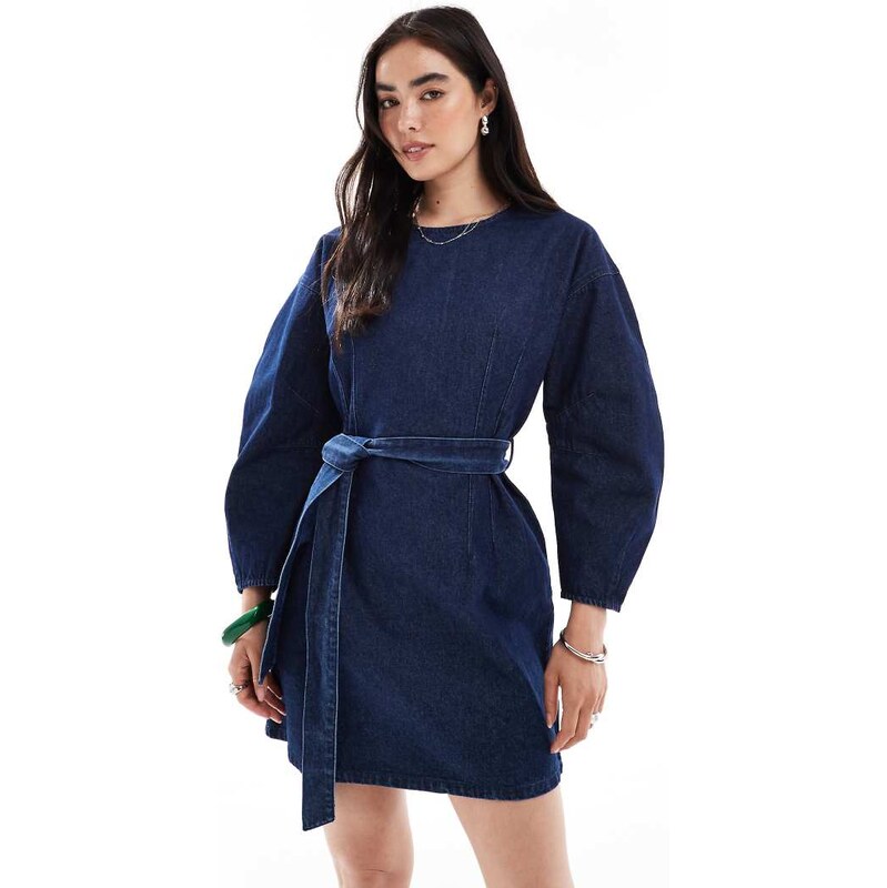 French Connection tie waist denim mini dress in dark indigo-Blue 108075096