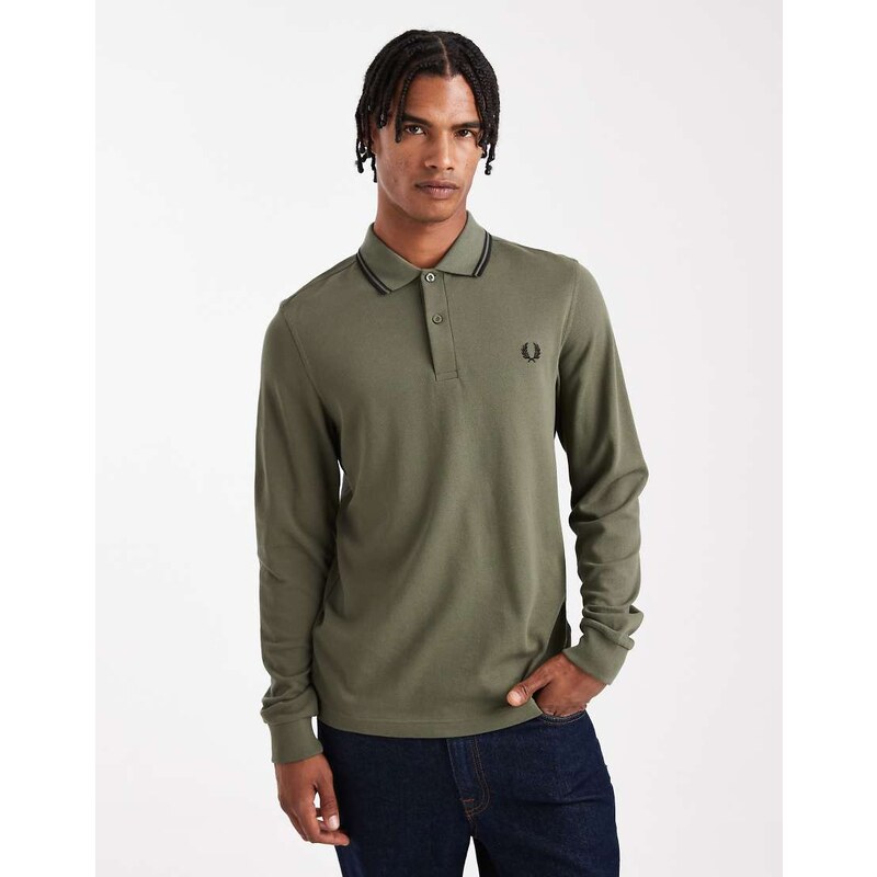 Fred Perry long sleeve tipped polo shirt in khaki-Green