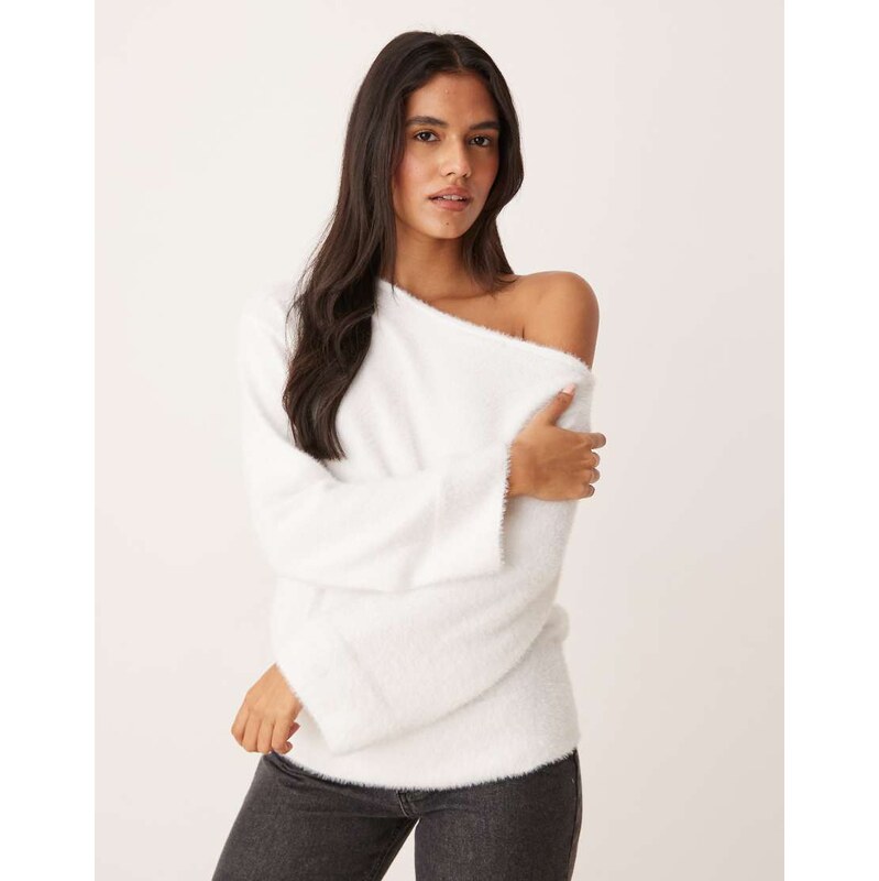 ASOS DESIGN fluffy knitted one shoulder jumper with cinched waist ecru 108075122