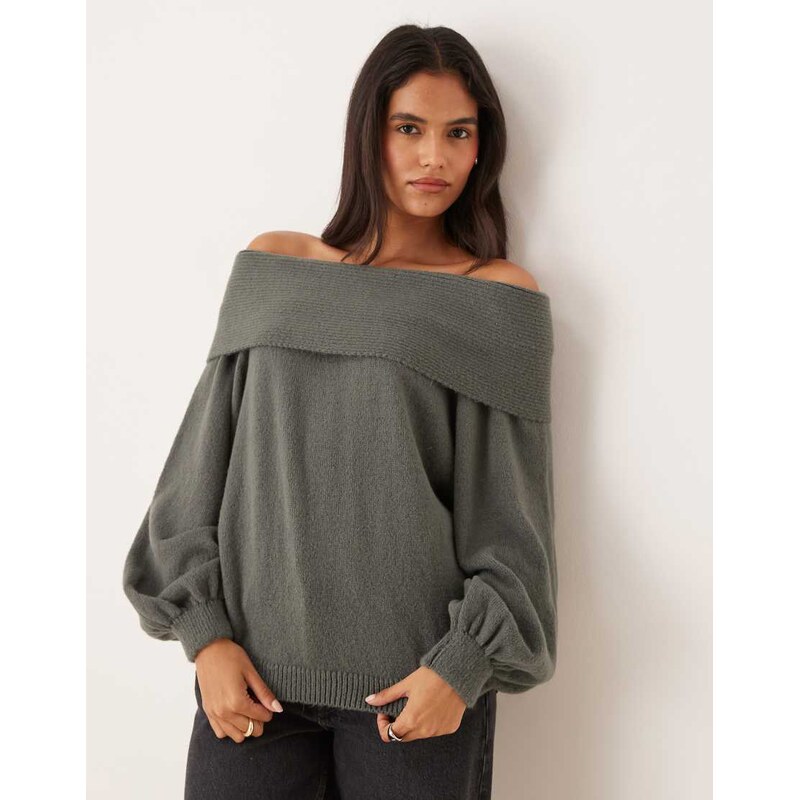 ASOS DESIGN oversized knitted off shoulder jumper with balloon sleeve 108075130