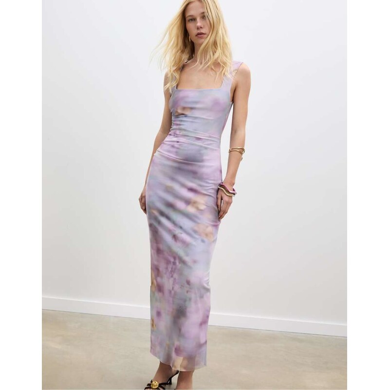 Stradivarius Printed tulle long dress in lilac-Purple