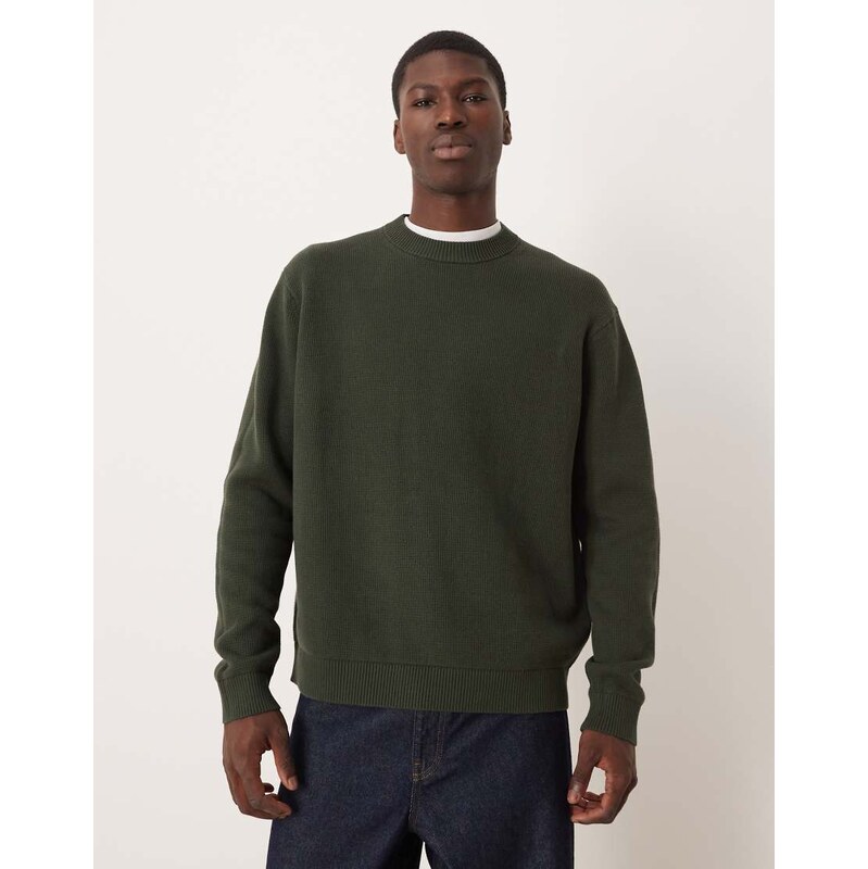 Selected 100% cotton boxy knitted jumper in dark green