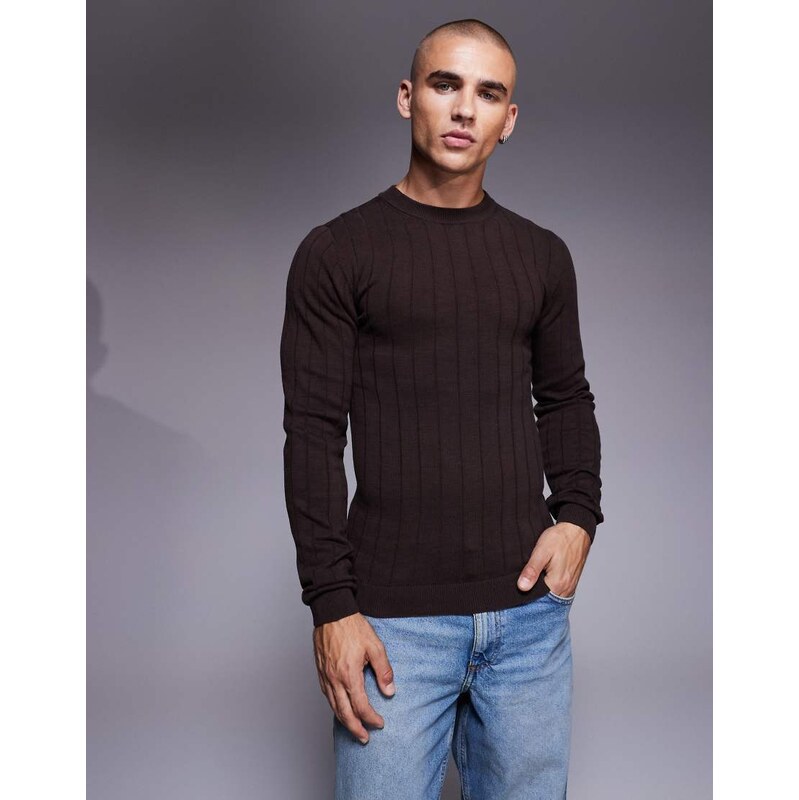 ASOS DESIGN muscle fit long sleeve knitted rib t-shirt in brown
