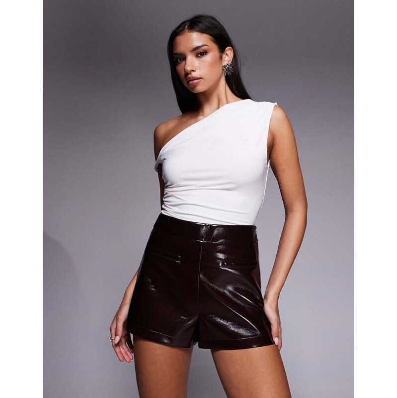 River Island faux leather high waisted shorts in burgundy-Red