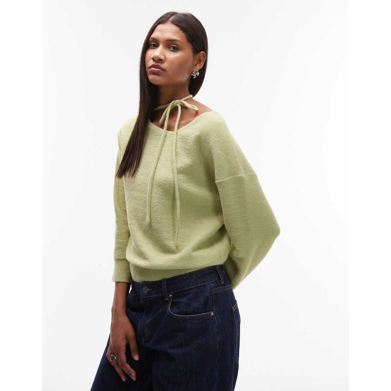 Topshop knitted tie neck jumper in green 108082466