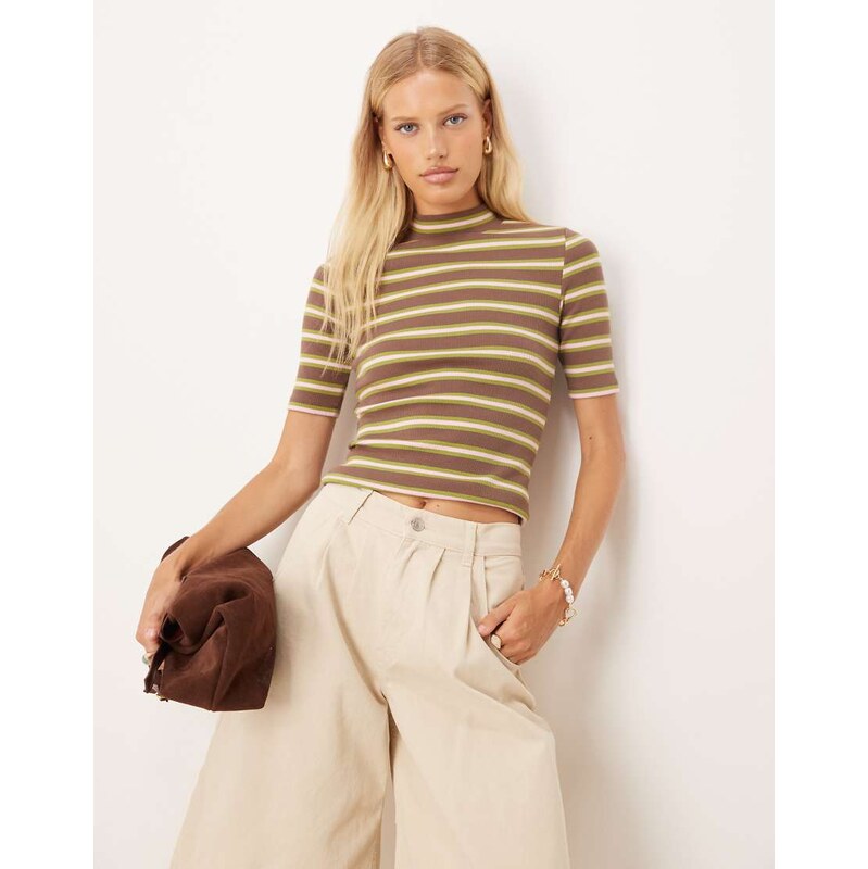 ASOS DESIGN mini rib high neck top with half sleeve detail in