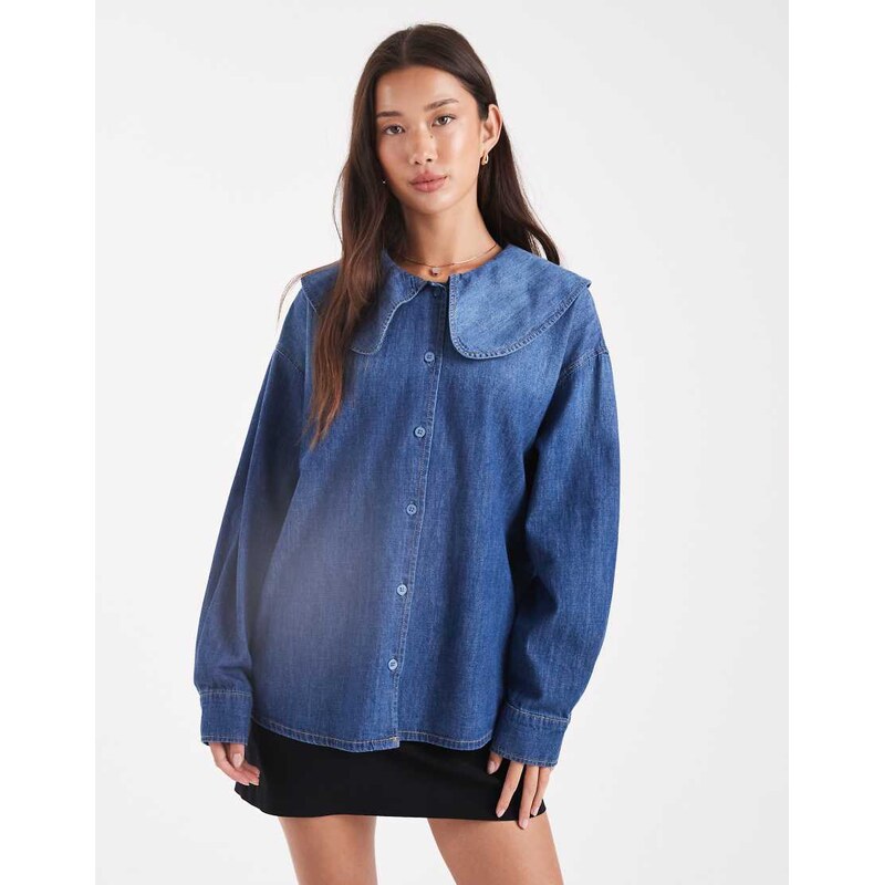 ONLY oversize collar denim blouse in mid blue