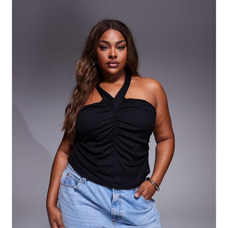 ASOS Curve ASOS DESIGN Curve slinky halter neck ruched crop top in 108077802