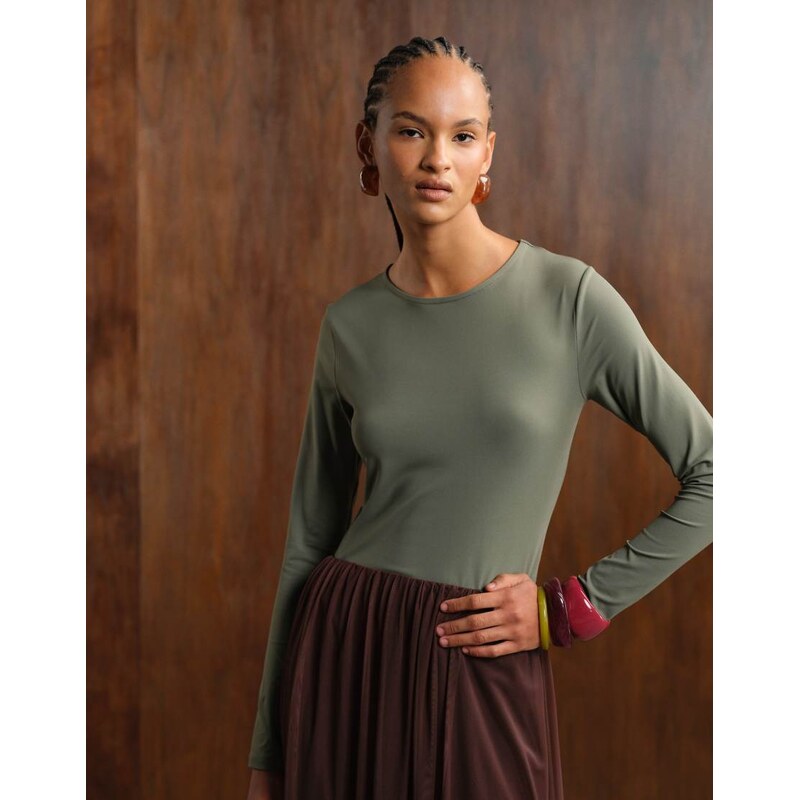 ASOS DESIGN polyamide slinky long sleeve bodysuit in khaki-Green