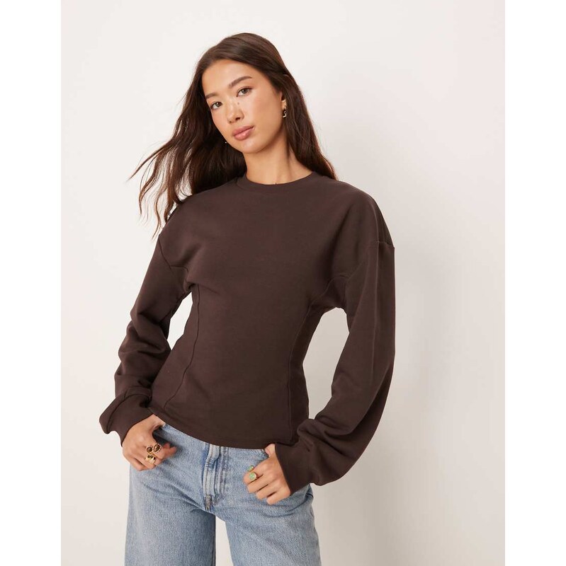 ASOS DESIGN cinched detail rib insert sweat in chocolate-Brown 108077836