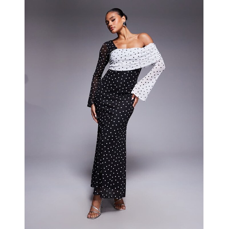 ASOS DESIGN mesh one off shoulder midi dress with sleeves in