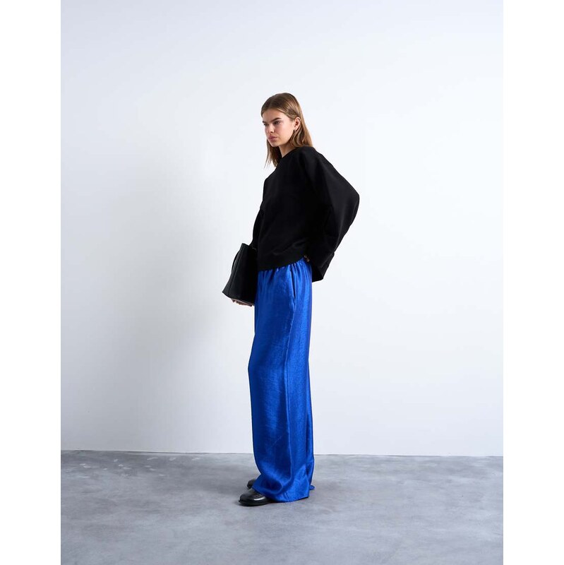 Topshop textured satin straight leg trouser in mid blue