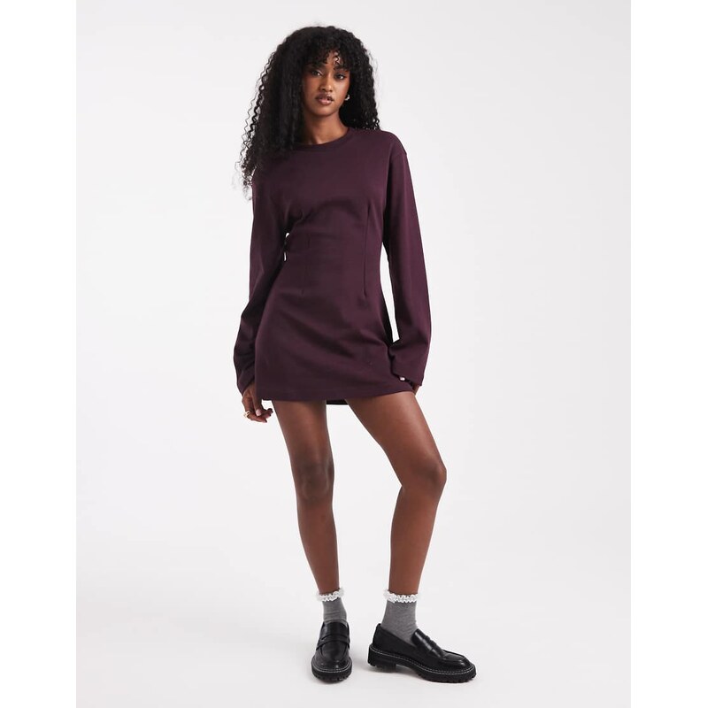 Monki cinched waist long sleeve mini t-shirt dress in plum