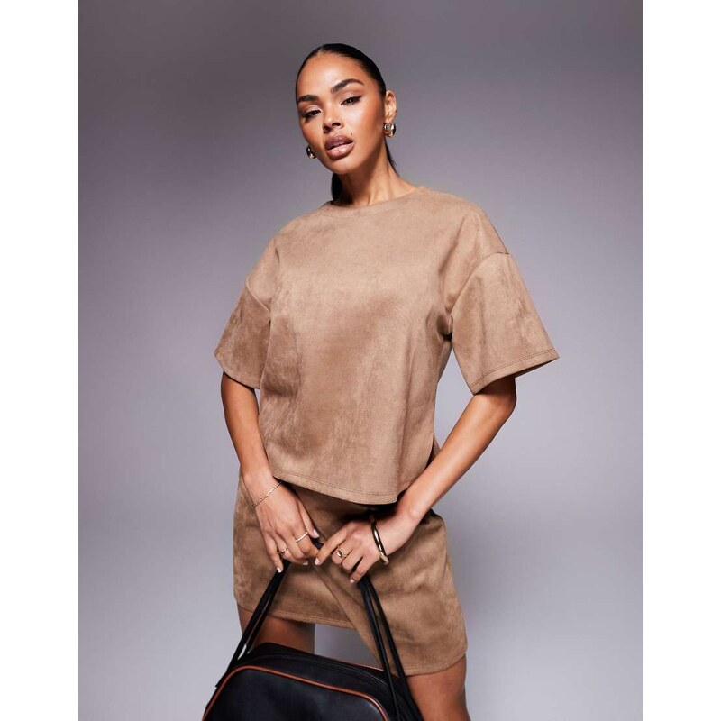 ASOS DESIGN co-ord faux suede boxy t-shirt in tobacco-Brown