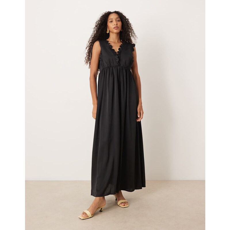 YAS plunge front scallop edge detail satin maxi dress in black 108082552