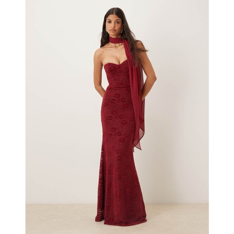 Six Stories velvet lace corset bandeau maxi dress with neck