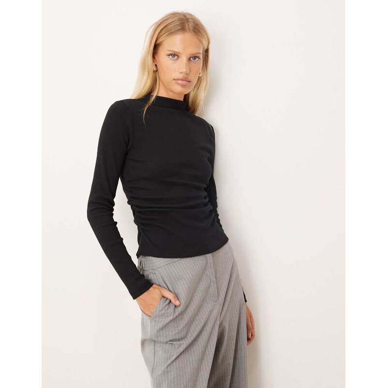 ASOS DESIGN long sleeve ribbed top with ruched detail in black
