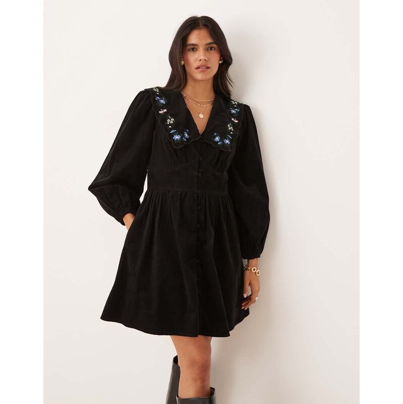 Nobodys Child Birdie mini dress with embroidered collar in black 108098857
