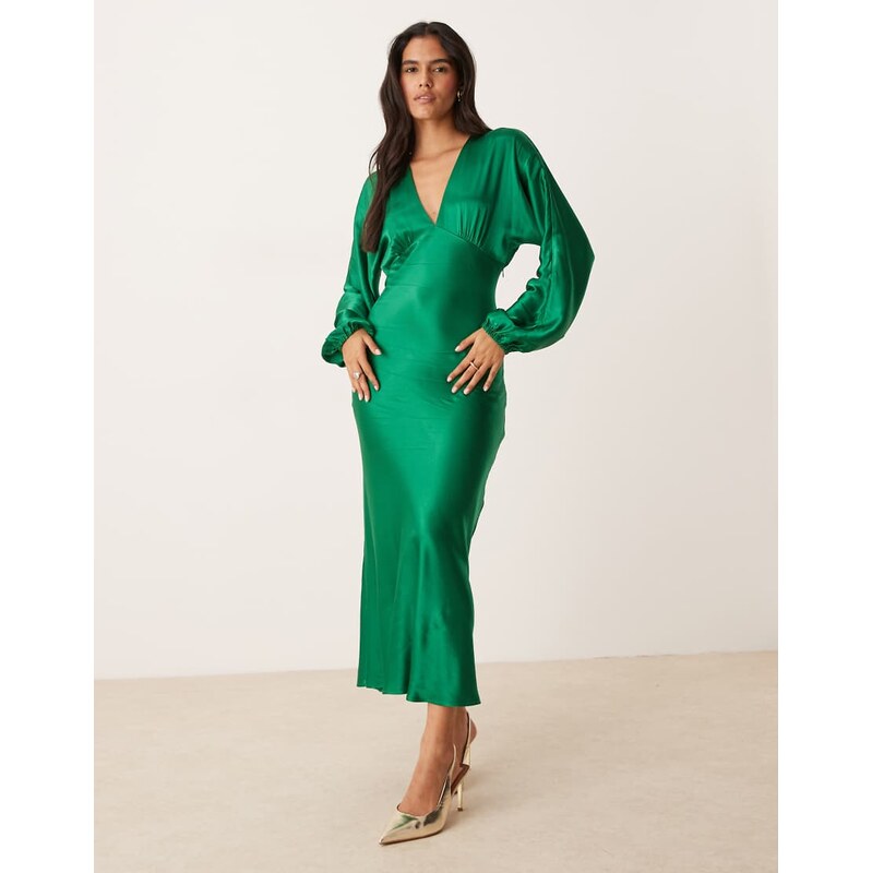 Nobodys Child Allura balloon sleeve v-neck midi dress in green 108098859