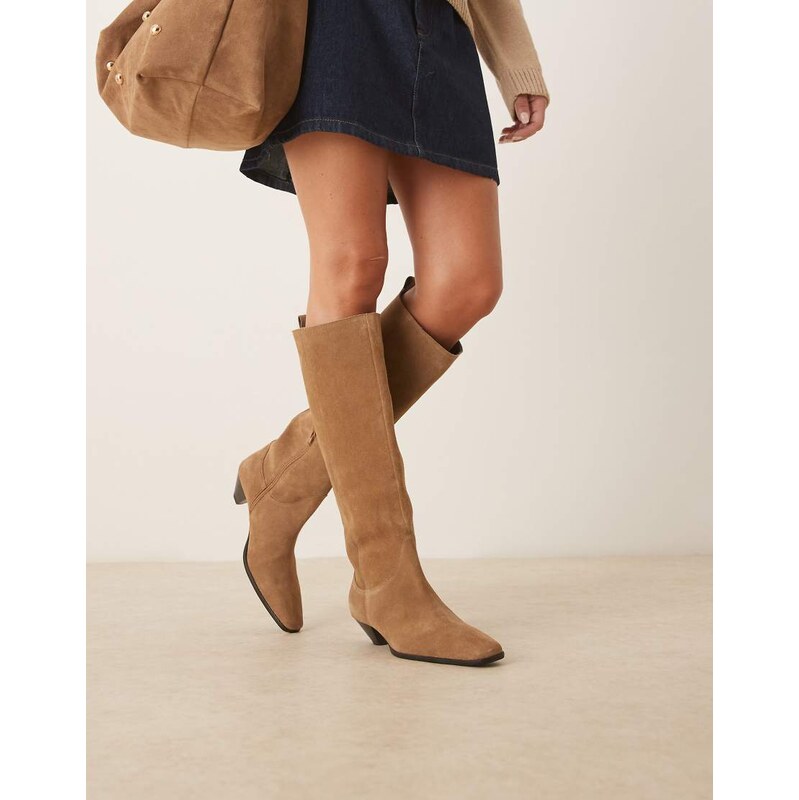 ASOS DESIGN Catch suede pull on knee boots in camel-Neutral 109387459