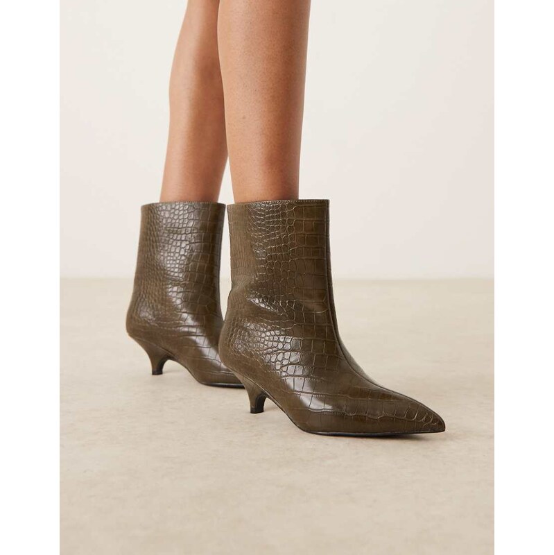 Glamorous pointed kitten heel mid ankle boots in olive croc